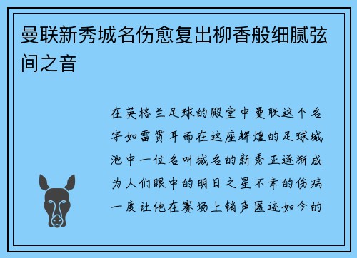 曼联新秀城名伤愈复出柳香般细腻弦间之音